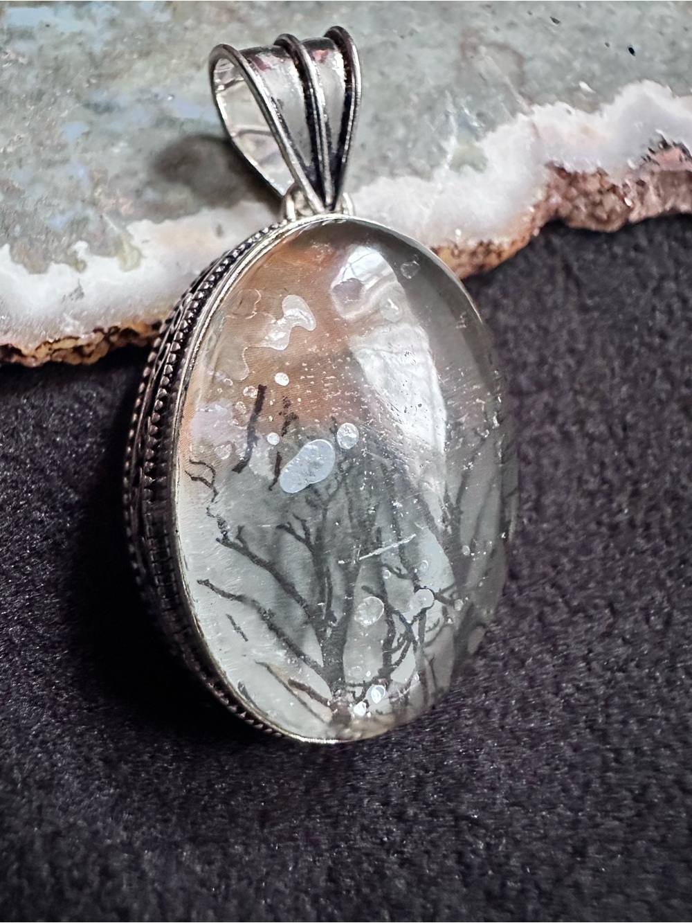 Artisan TOURMALINATED QUARTZ Pendant Clear Crystal with Black Forest Tree Motif